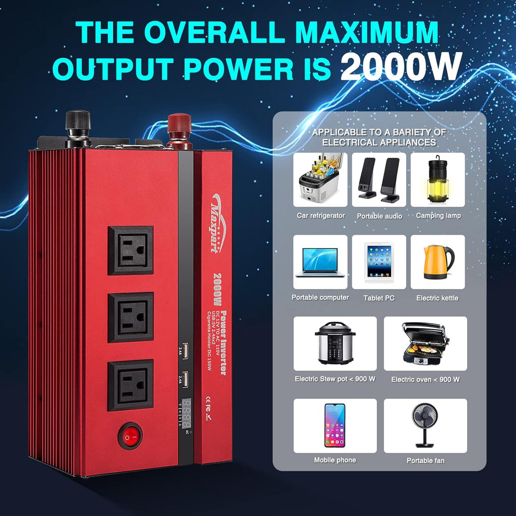 2000W Power Inverter 12v DC to 110v AC Converter with 3 AC Outlets L25153