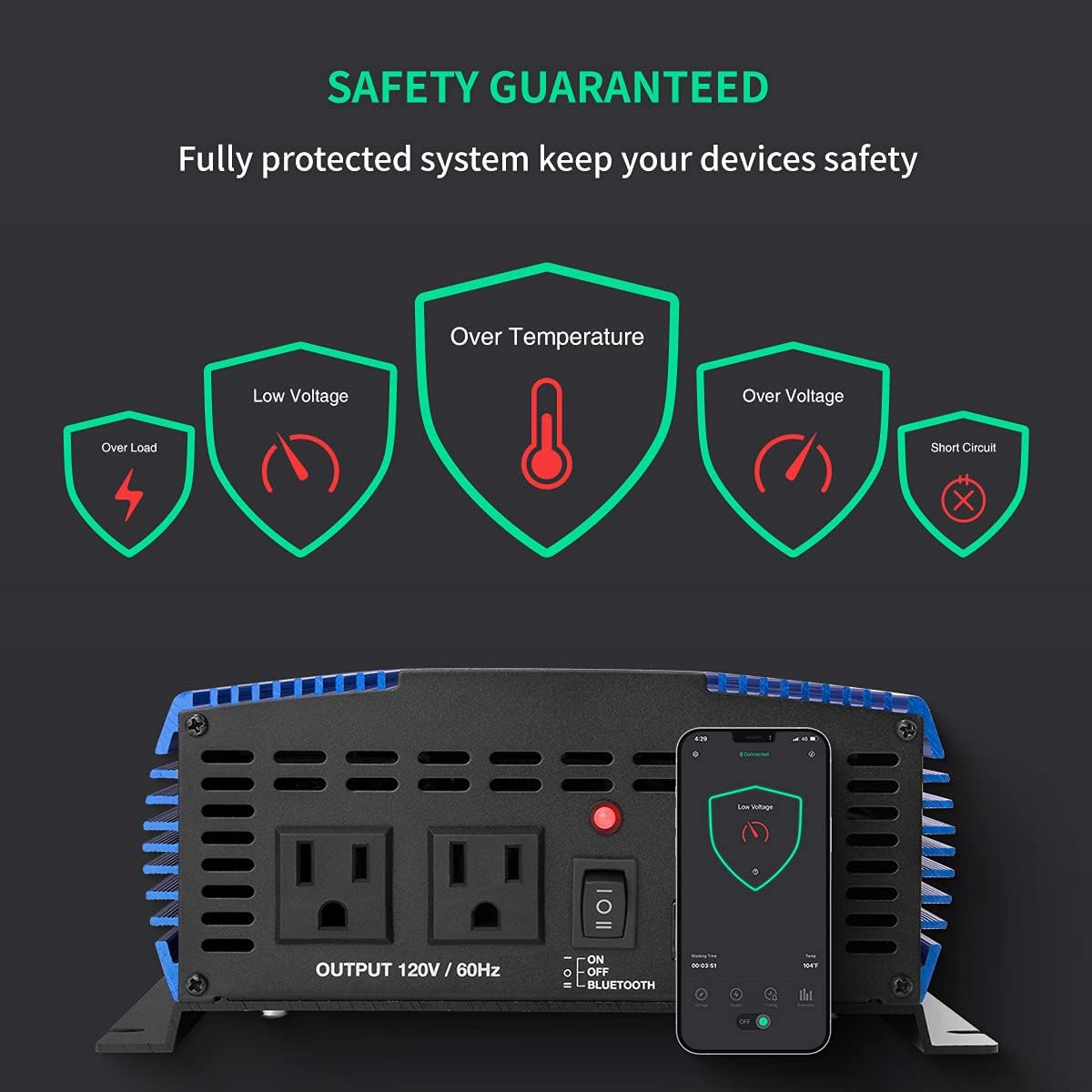 1500W Pure Sine Wave Power Inverter 12V DC to 110V AC Car Inverter with Bluetooth and 2AC Outlets & USB Port L78693