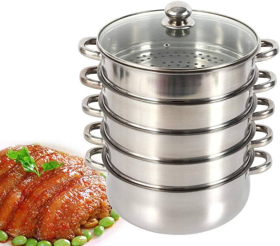 5 Tier Stainless Steel Steamer Pot with Tempered Glass Lid J400997
