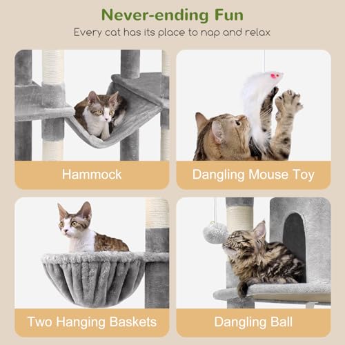 Light Grey 80inch Cat Tree with Scratching Post, Hammock, 3 Perches, 2 Condos, 2 Hanging Basket B841506