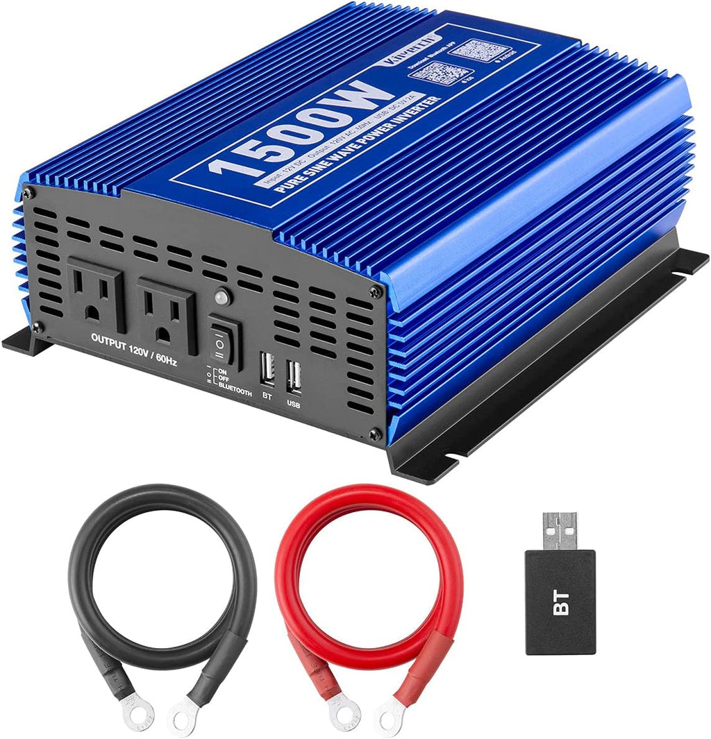 1500W Pure Sine Wave Power Inverter 12V DC to 110V AC Car Inverter with Bluetooth and 2AC Outlets & USB Port L78693