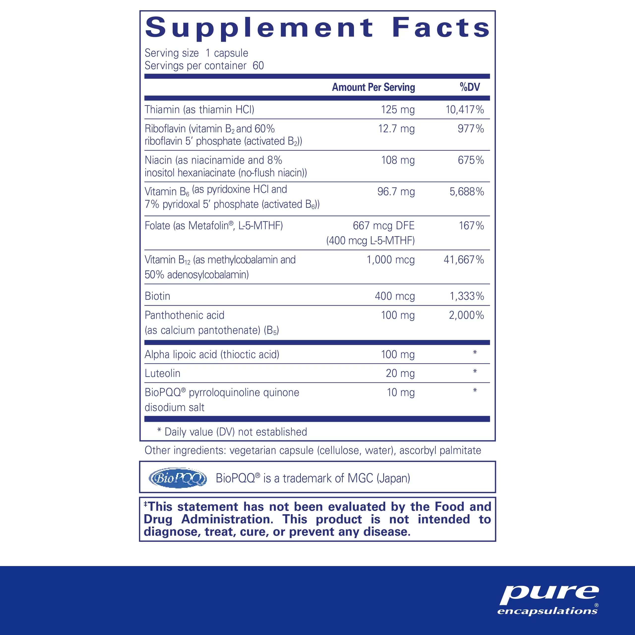 Vitamin B Supplement with PQQ, 60 Capsules Y219