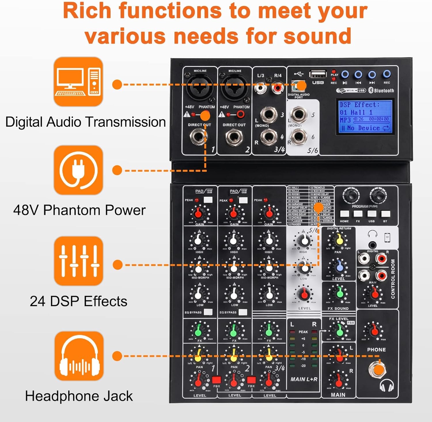 6 Channel Sound Mixer with USB MP3 Wireless Input 48V Phantom Power C7342