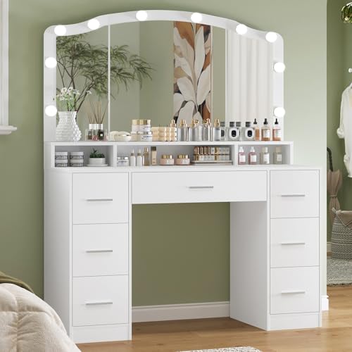 White 43.3" Vanity Desk with Lighted Mirror and 7 Drawers J9360