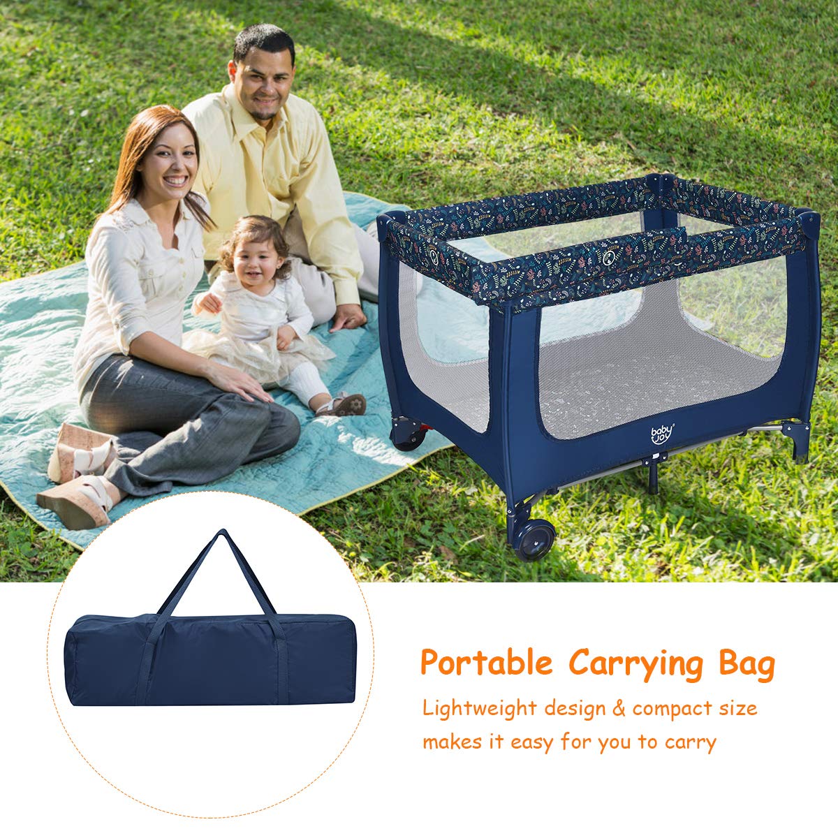 Blue Foldable Baby Playard with Bassinet and Carry Bag B737