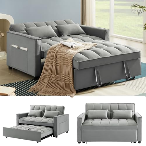 Beige Velvet Convertible Sleeper Sofa Bed with Pullout Bed E3769