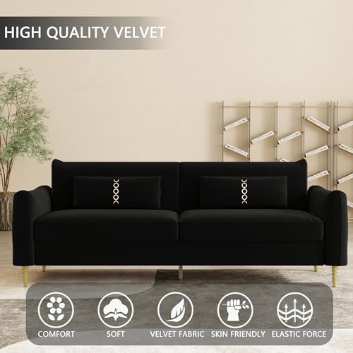 85 in 3-Seat Velvet Couch with Solid Wood Frame, 2 Pillows, Gold Legs Q25644