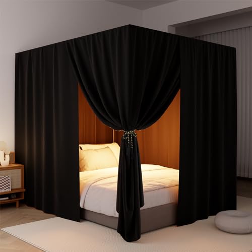 Black Queen Lightproof Bed Canopy Curtains O77539