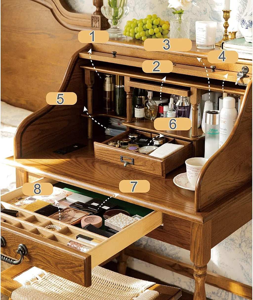 Oak Wood Vanity Desk with Pull-Out Hidden Mirror and Charging Port H2962