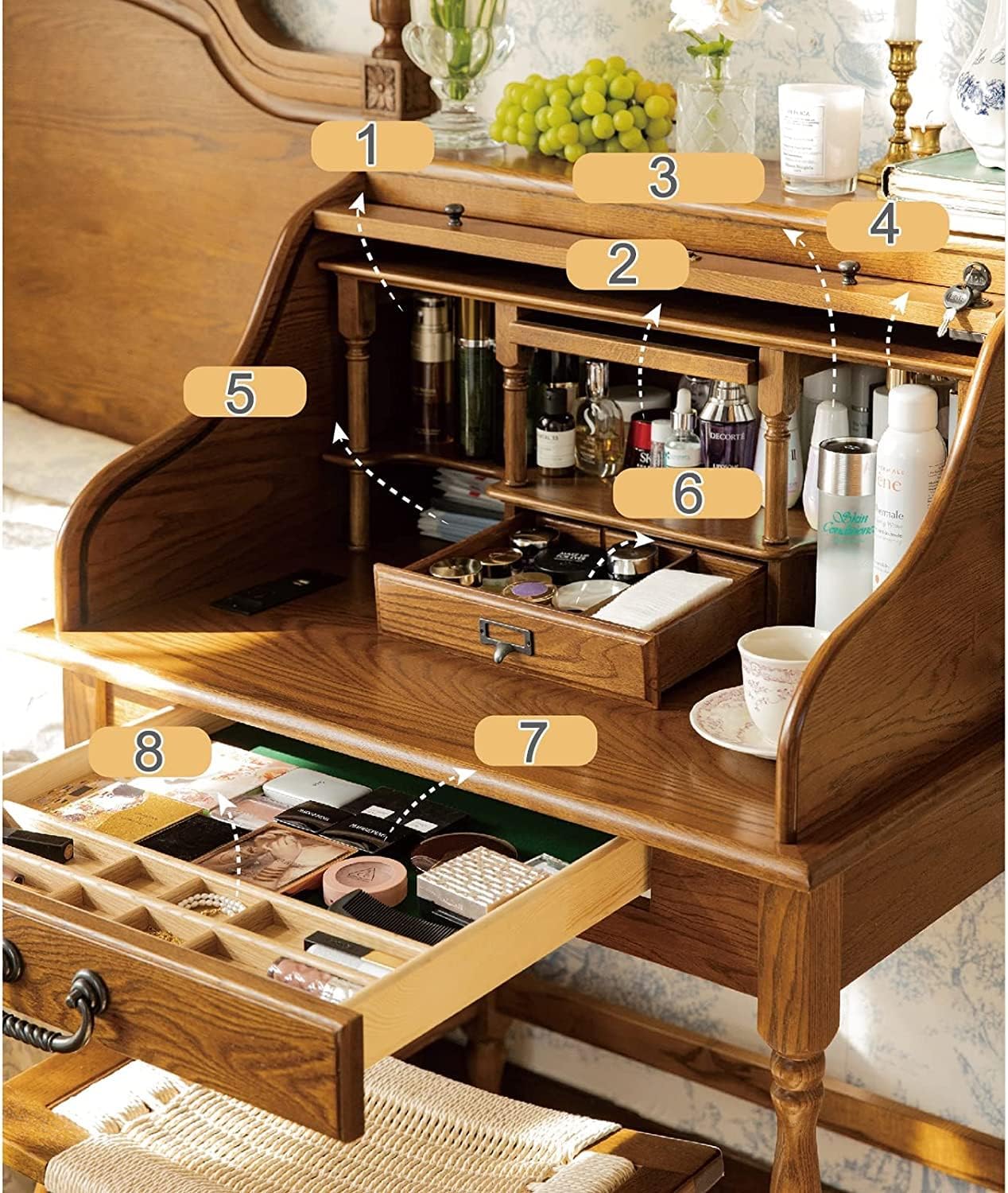 Oak Wood Vanity Desk with Pull-Out Hidden Mirror and Charging Port H2962