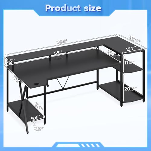 Black Gaming Desk with LED Lights and Storage Shelves E692046