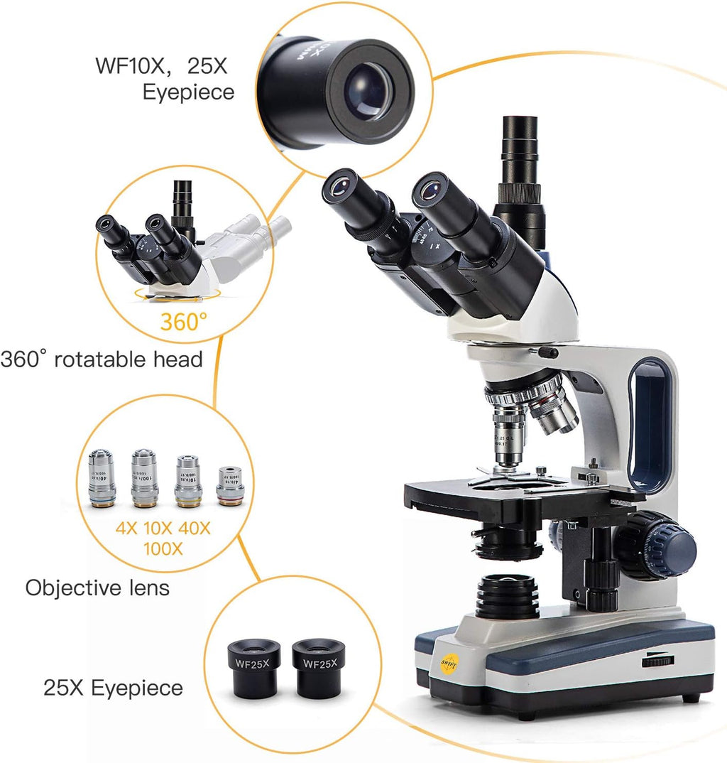 Trinocular Compound Microscope, 40X-2500X Magnification, Siedentopf Head, Two-Layer Mechanical Stage, 1.3mp Camera K626