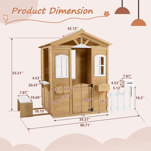 Wooden Playhouse with Window, Mailbox, Picnic Bench, Fenced, 39" x 38" x 55.5" C423489