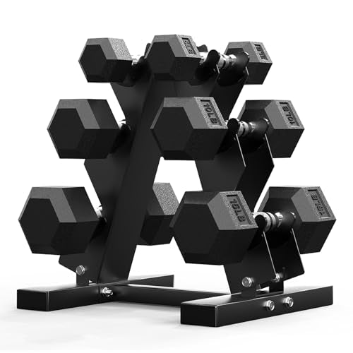 60-550lb Rubber Coated Hex Dumbbell Set with Rack Y455694