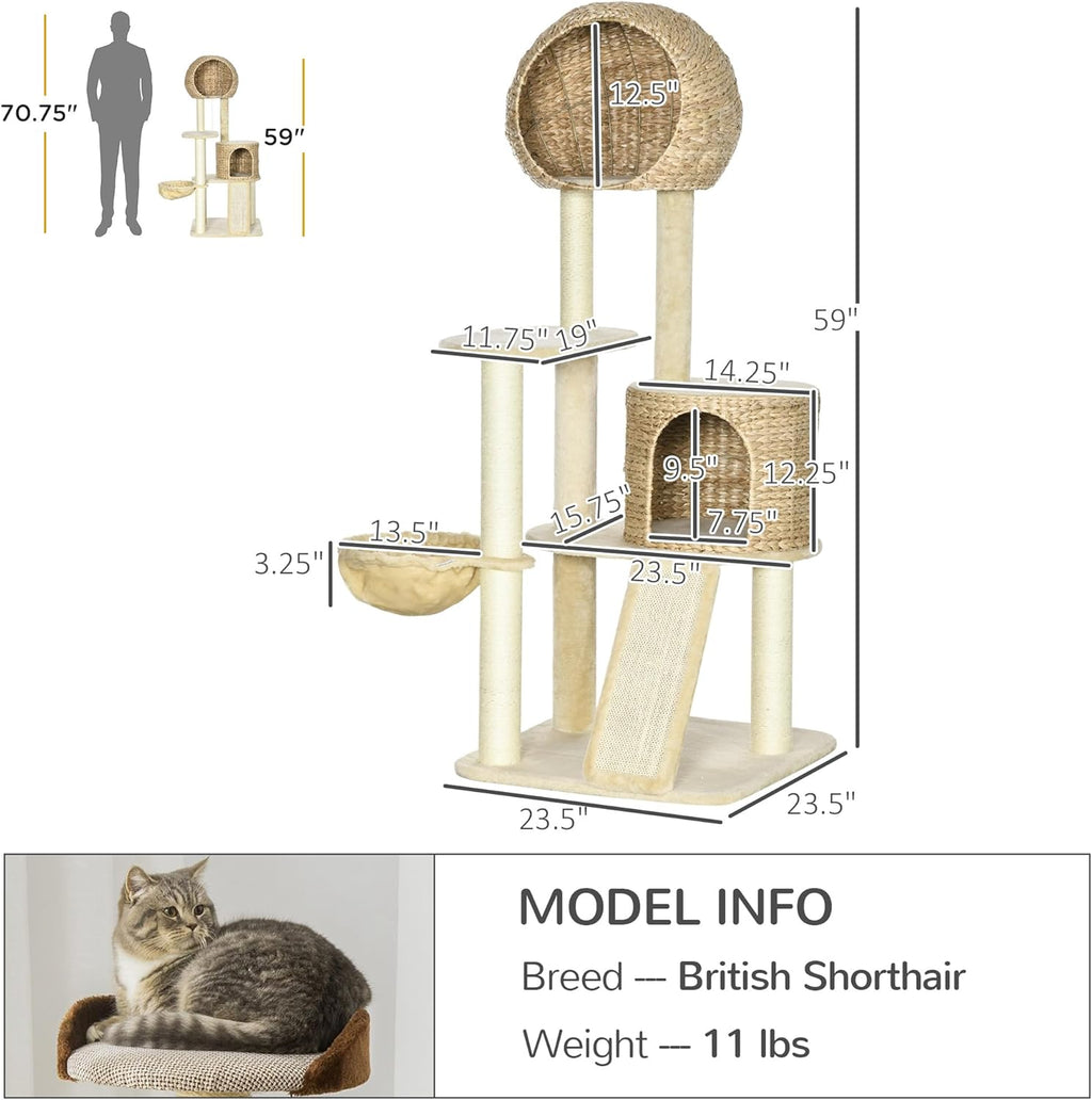 Beige Cat Tree with Cat Condo, Hammock, Perches, Scratching Posts, Ramp F632
