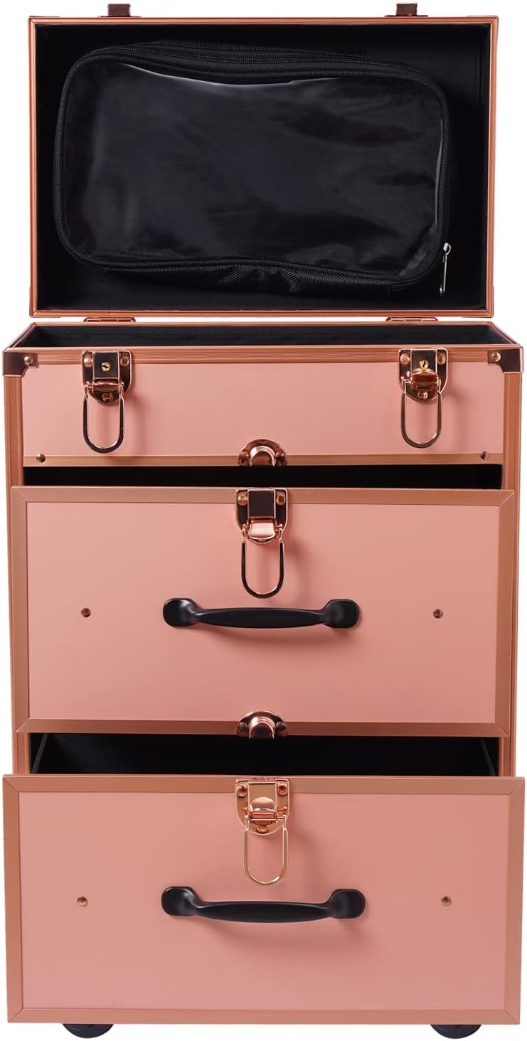 3 Layers Rolling Makeup Case with Reinforced Lock & Transparent Storage Bag Gold N171