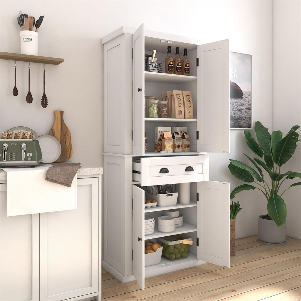White 4 Door Kitchen Pantry Storage Cabinet with Adjustable Shelves and Drawer D877