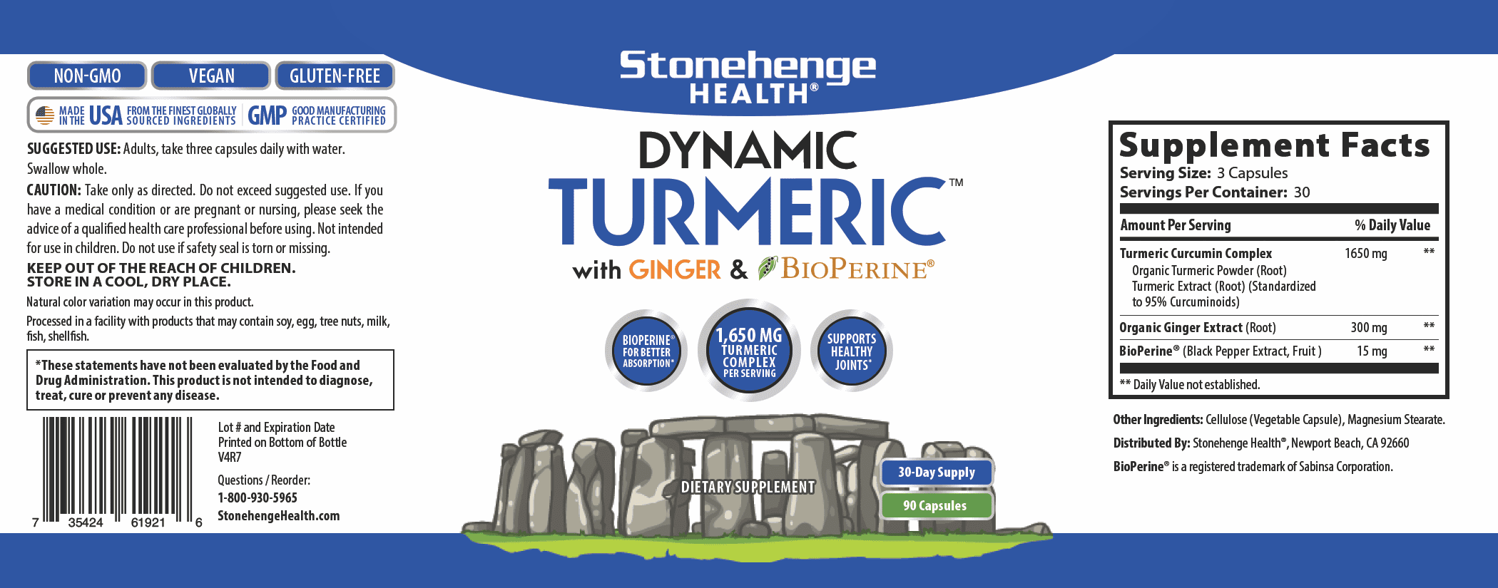 1,650 mg Turmeric Curcumin Ginger 90 Vegetarian Capsules K759