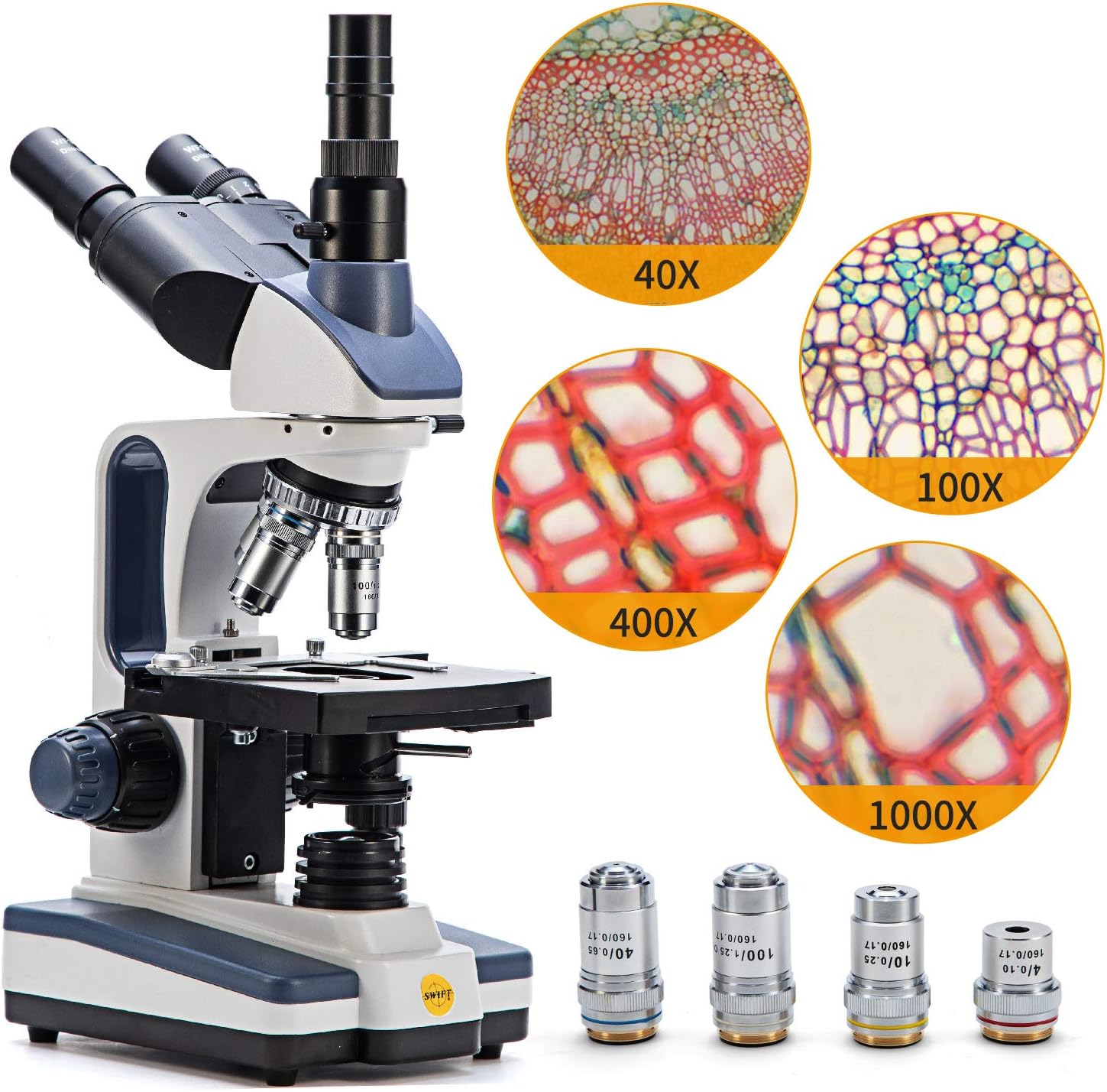Trinocular Compound Microscope, 40X-2500X Magnification, Siedentopf Head, Two-Layer Mechanical Stage, 1.3mp Camera K626