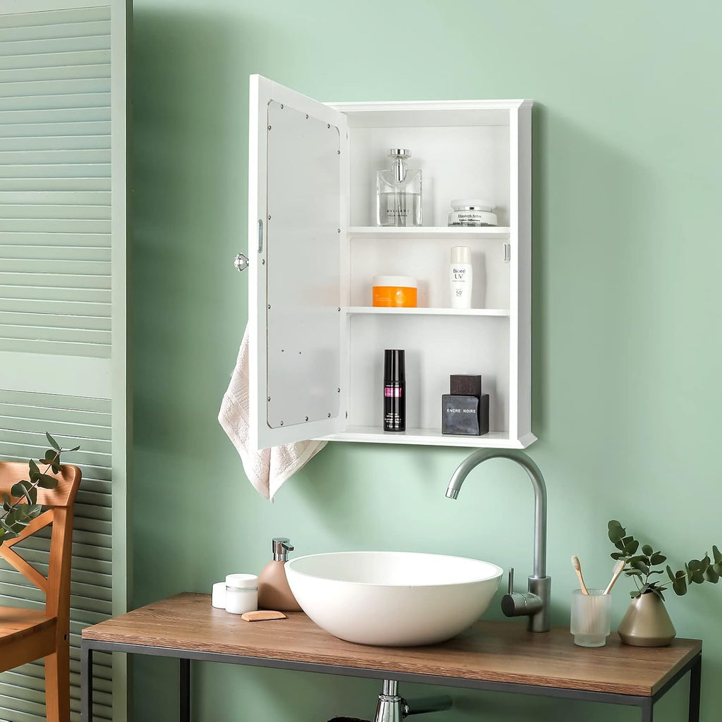 White Wall Mounted Wooden Medicine Cabinet with Single Mirror Door & Adjustable Shelves Y62051