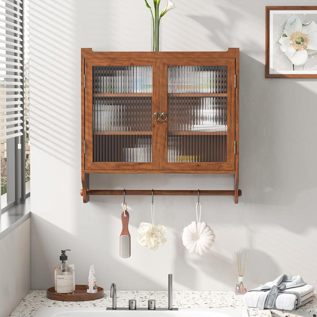 Brown Double Glass Door Wood Wall Cabinet with Detachable Shelves E96558