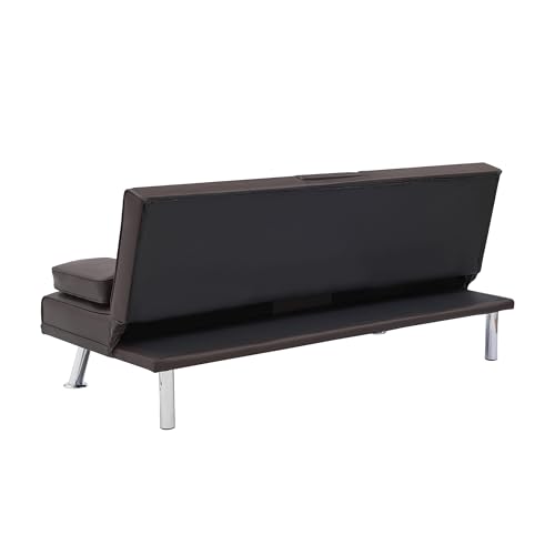 Brown Leather Double Folding Sofa Bed with 2 Cup Holders M5093