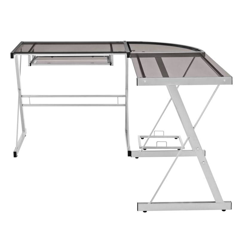 51x22 Wide Glass and Steel L Shaped Computer Desk Smoke with Silver V930336