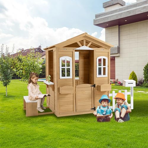 Wooden Playhouse with Window, Mailbox, Picnic Bench, Fenced, 39" x 38" x 55.5" C423489