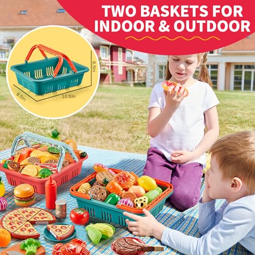 80PC Pretend Food with 2 Kids Picnic Basket, Plastic Food Cutting Toys F5904