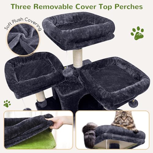 Light Grey 80inch Cat Tree with Scratching Post, Hammock, 3 Perches, 2 Condos, 2 Hanging Basket B841506
