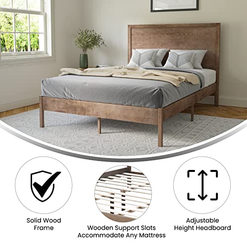King Size Solid Wood Platform Bed with Headboard, Dark Brown H87033