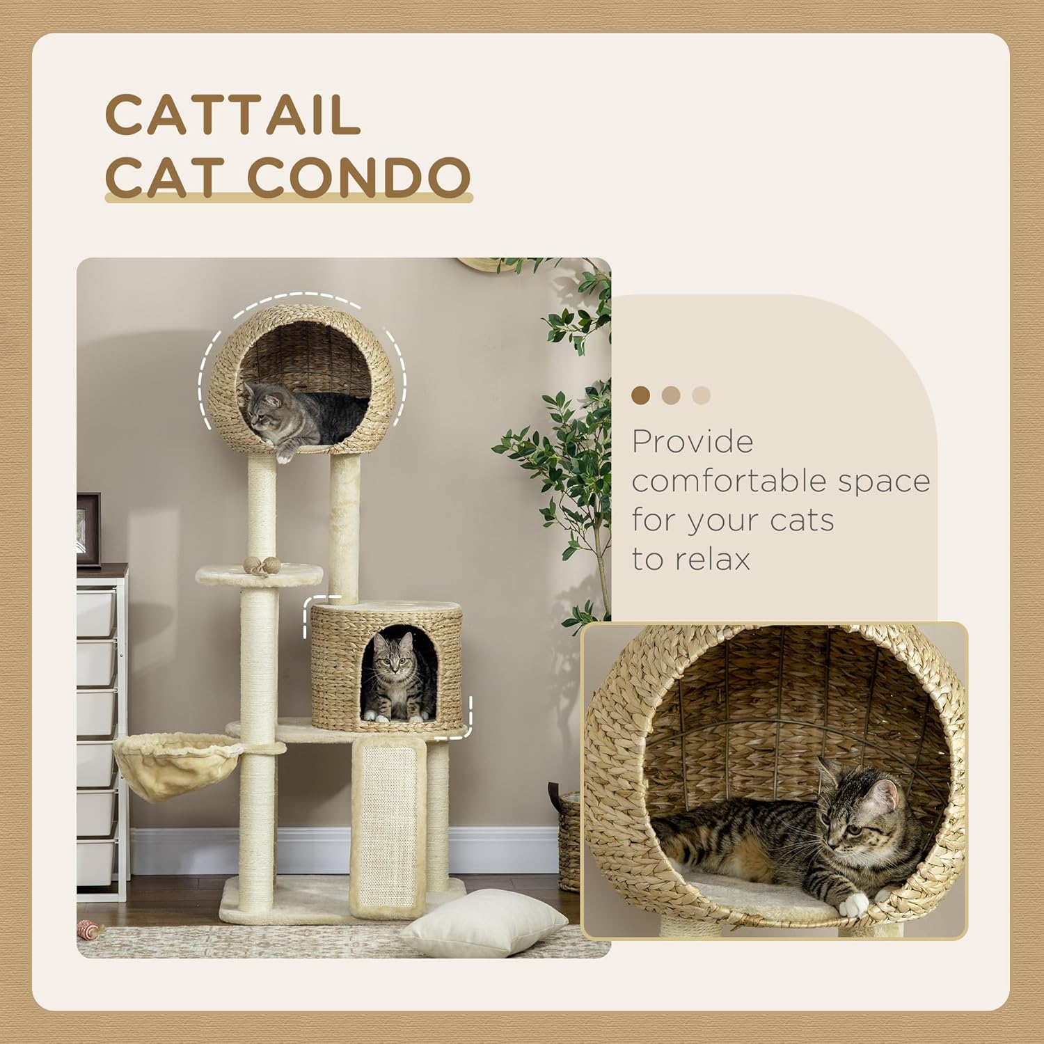 Beige Cat Tree with Cat Condo, Hammock, Perches, Scratching Posts, Ramp F632