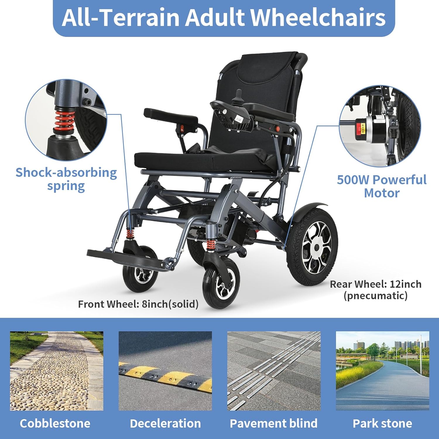 Lightweight Foldable Electric Wheelchair with 500W Motor, Weight 50lbs Z26018