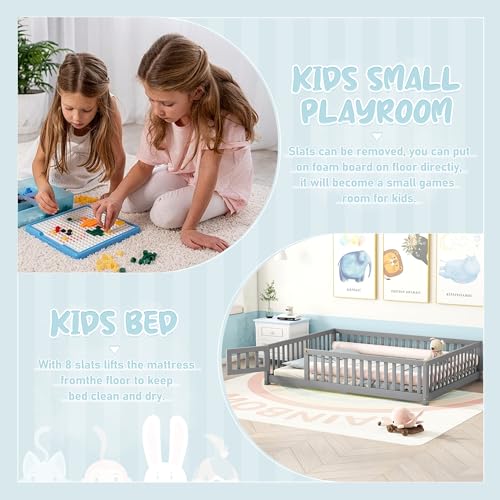 Gray Solid Wooden Kid Toddler Floor Bed with Safety Fence and Door U750537