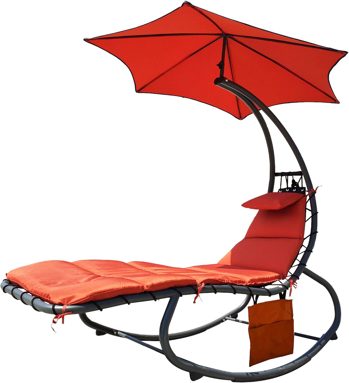 Orange Hanging Chaise Lounge Chair with Cushion, Pillow, Canopy, Stand, Storage Pouch D684581