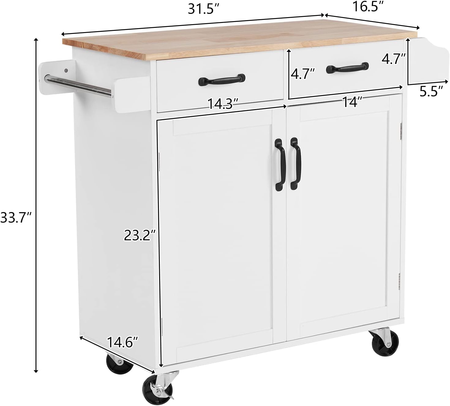 White Rubber Wood Top Rolling Kitchen Cart with Double Doors and Drawers J445248