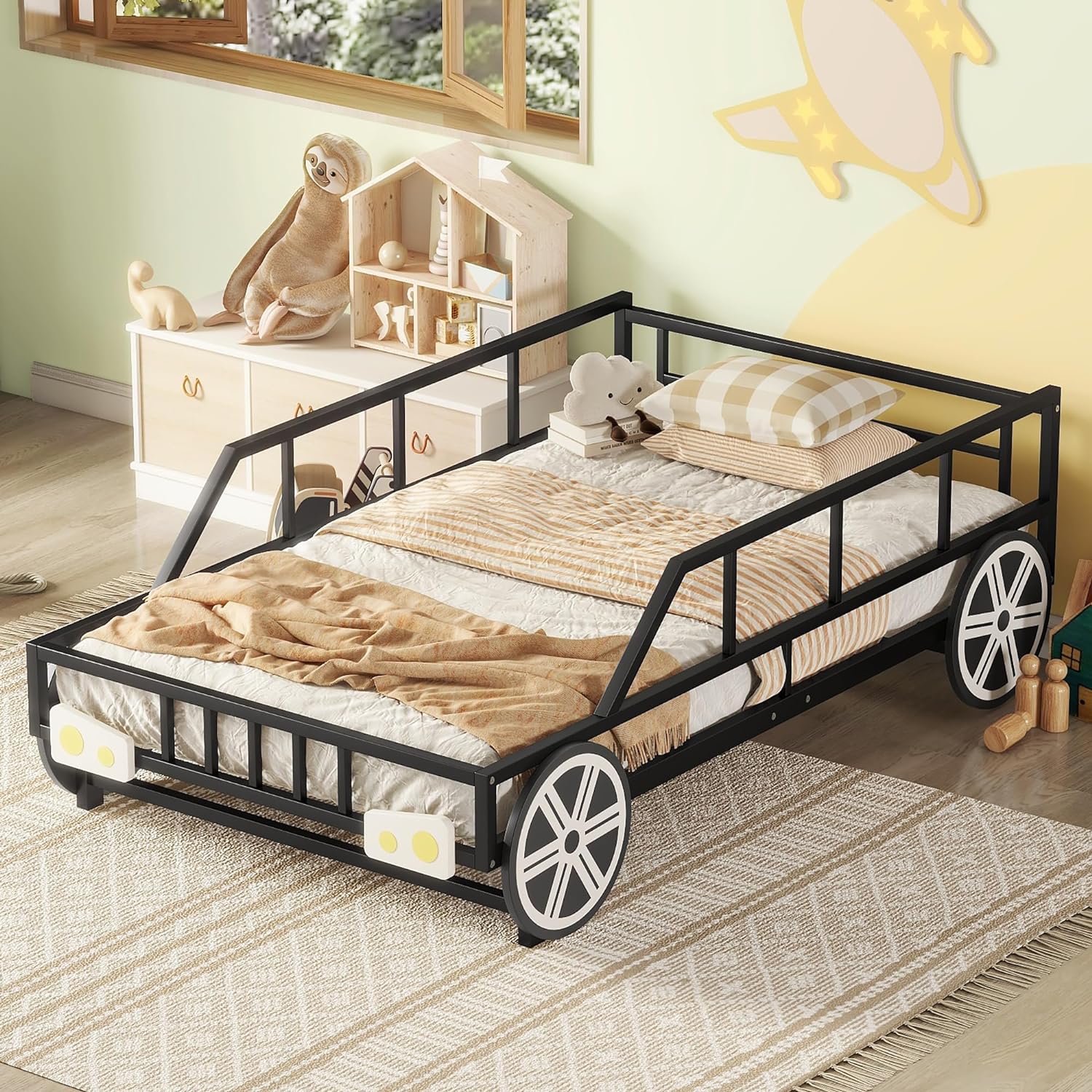 Black Race Car Bed with Rails and Wheels H161366