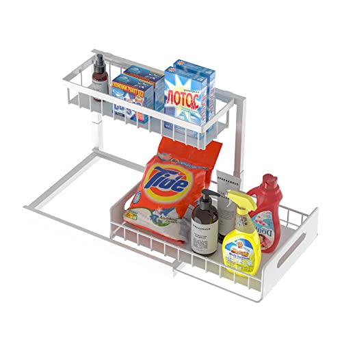2-Tier Heavy Duty Metal Slide Out Pull Out Drawers Under Sink Organizers and Storage (White) N9673