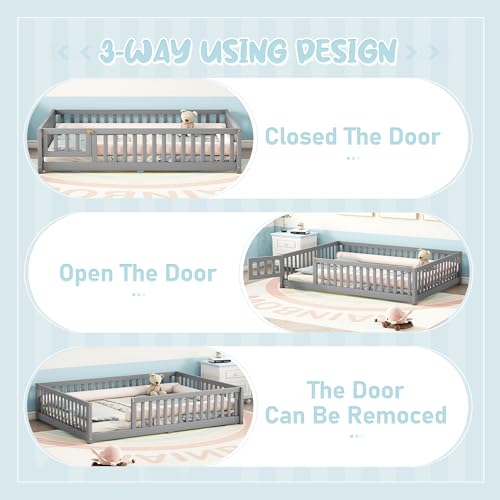 Gray Solid Wooden Kid Toddler Floor Bed with Safety Fence and Door U750537