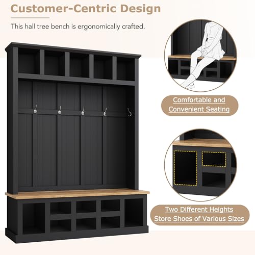 Black Wide Entryway Hall Tree with Storage Bench and 6 Hooks E239481
