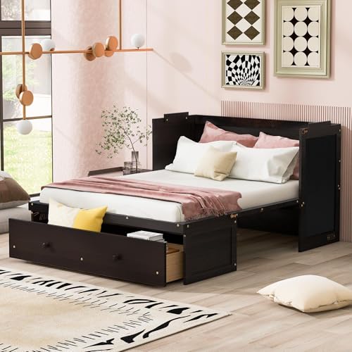 Full Murphy Bed with USB Charging Station and Large Drawer, Wooden Full Size Bed Wall Bed with Storage, Espresso N534511