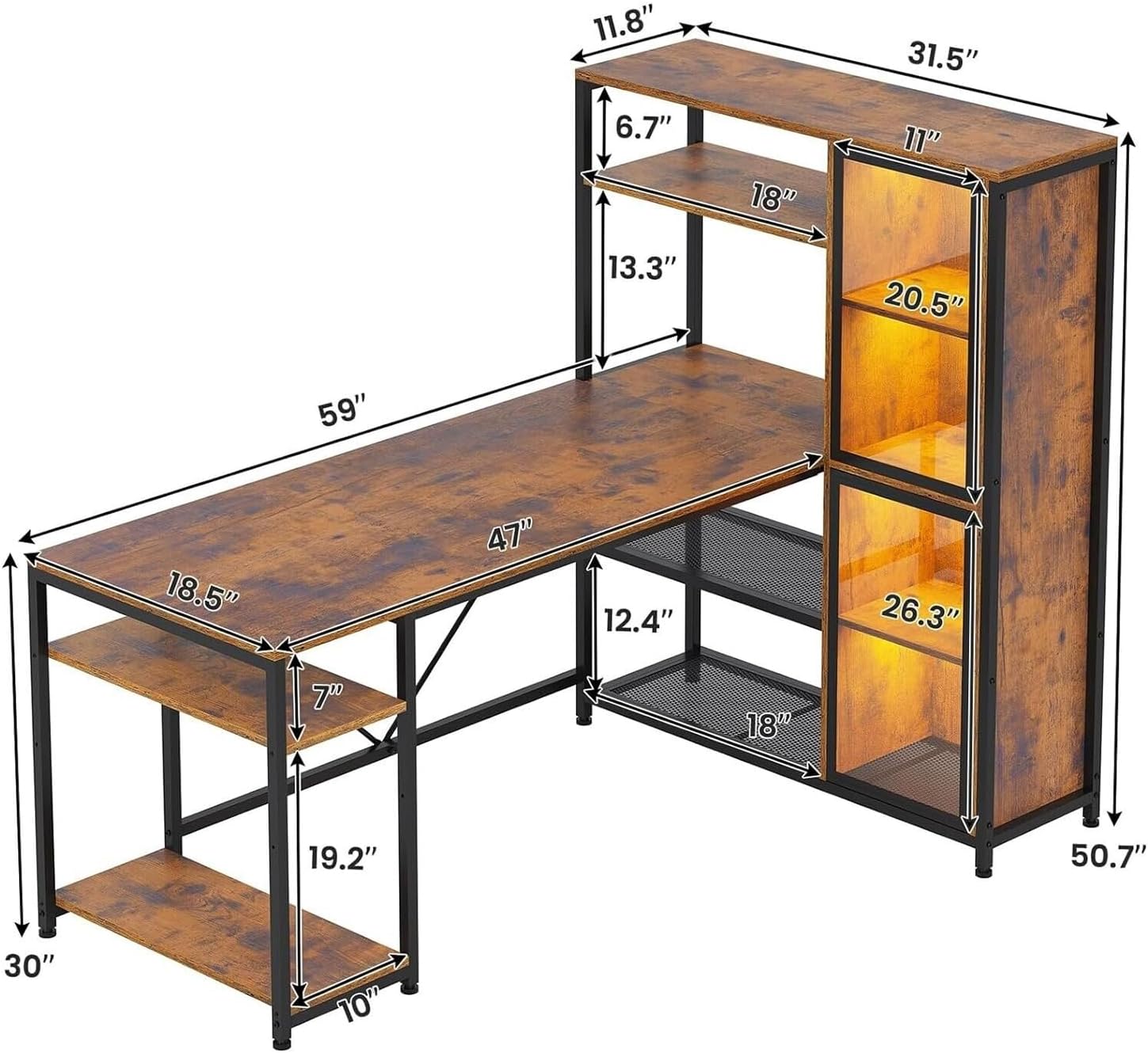 Rustic Brown L Shaped Desk with Storage Shelves 59”L x 31.5”W x 50.7”H I605