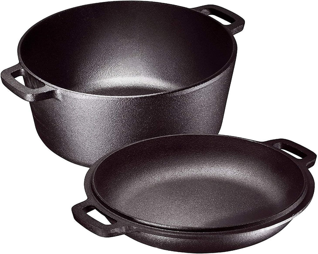 Matte 11-inch Ceramic Large Round Serving Plates and 5 Quart Cast Iron Double Dutch Oven Set with 10 inch Skillet Lid A764