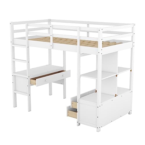 Solid Wood Twin Loft Bed with Desk, Storage Shelves, Drawers, Ladder, Guardrail L246