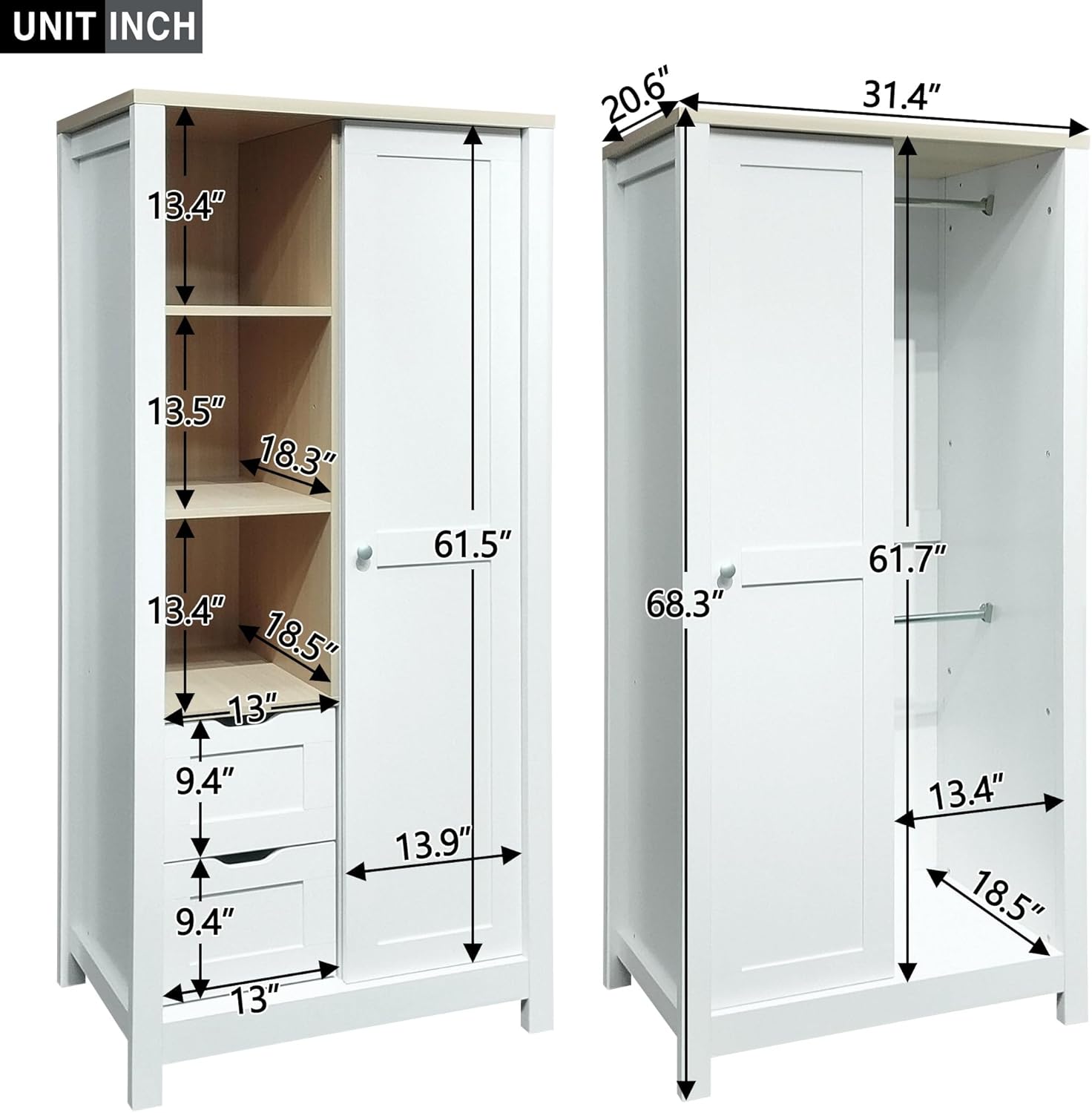White Freestanding Wooden Wardrobe with 1 Sliding Door and 2 Drawers S1154