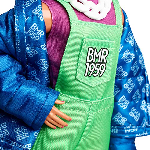 Fully Poseable Fashion Doll with Neon Hair, Neon Overalls, Puffer Jacket, Accessories, and Doll Stand U7661