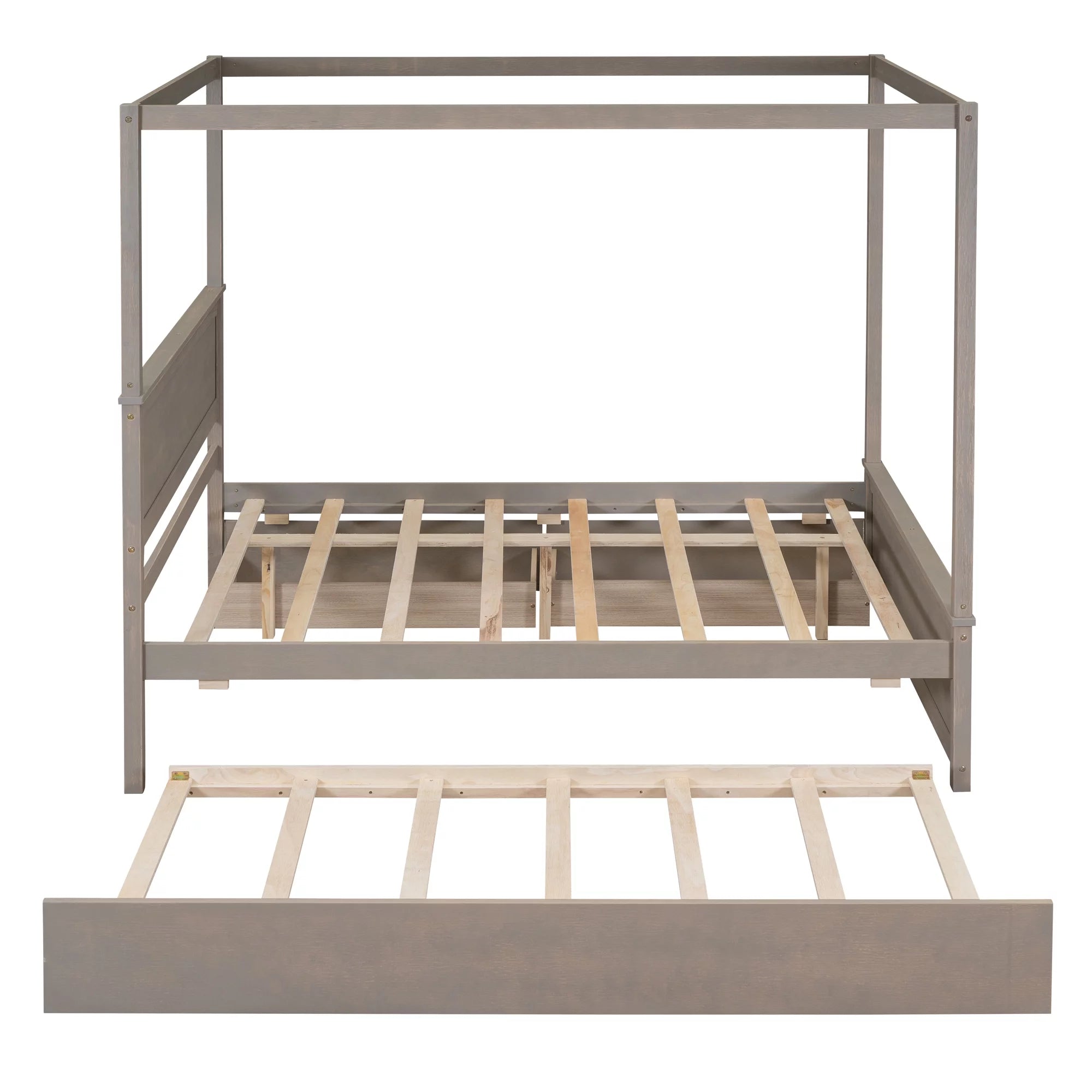 Light Brown Full Size Wood Canopy Platform Bed with 2 Drawers and Trundle F5333