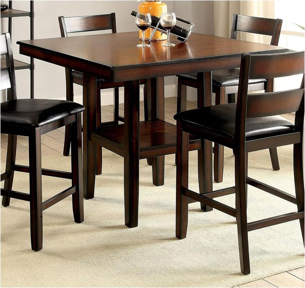 Brown Cherry Wooden Counter Height Dining Table with 4 High Chairs and Shelves P73375