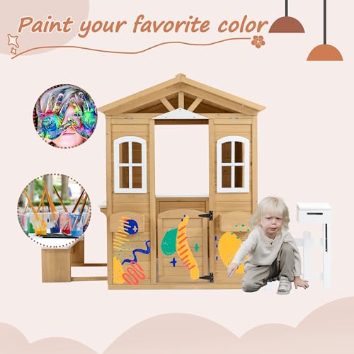 Wooden Playhouse with Window, Mailbox, Picnic Bench, Fenced, 39" x 38" x 55.5" C423489
