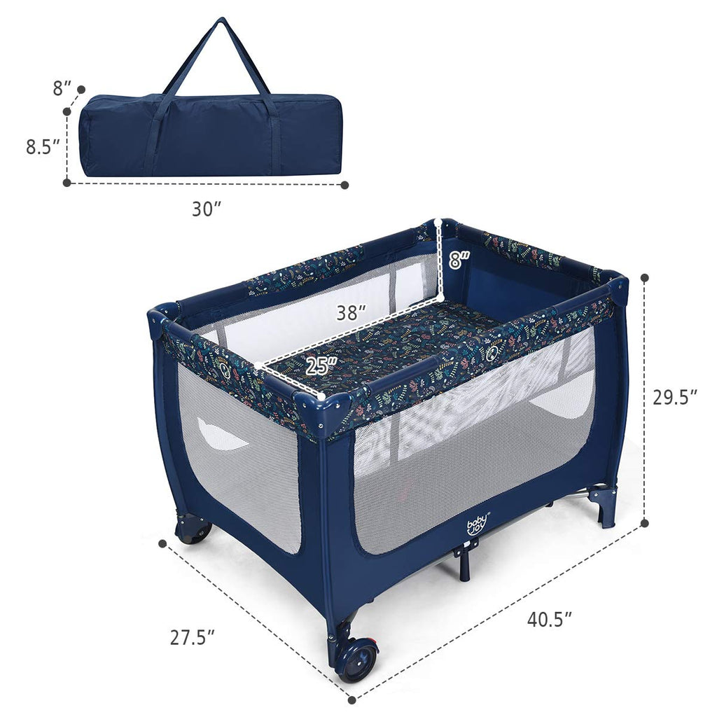 Blue Foldable Baby Playard with Bassinet and Carry Bag B737